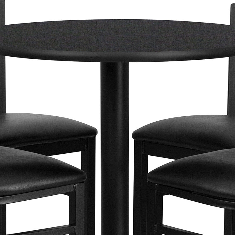 30'' Round Black Laminate Table, 4 Ladder Back Metal Barstools- Black Seat