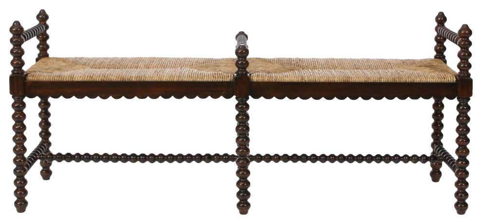 Isle of Man 60" Mahogany and Rush Accent Bench, Bobbin-Turned