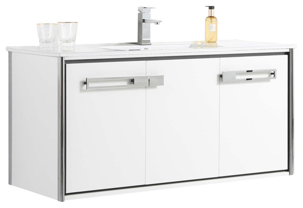 Oakville Wall Mount Bathroom Vanity, White Matte, 48", Chrome Hardware