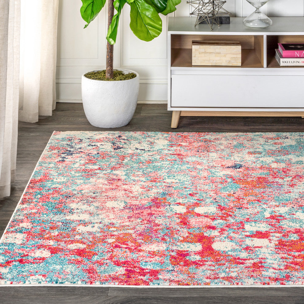Contemporary POP Modern Abstract Area Rug, Blue/Red, 5 X 8