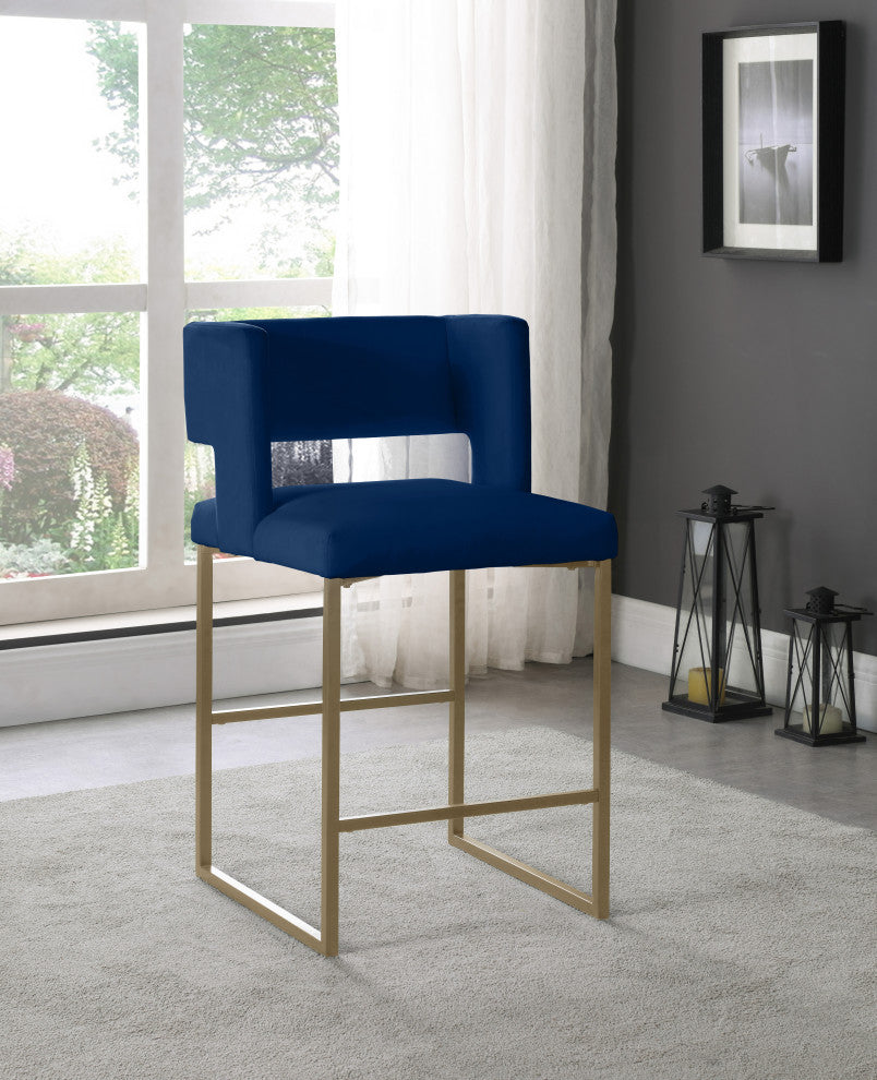 Caleb Upholstered Counter Stool, Set of 2, Navy, Velvet, Brushed Gold