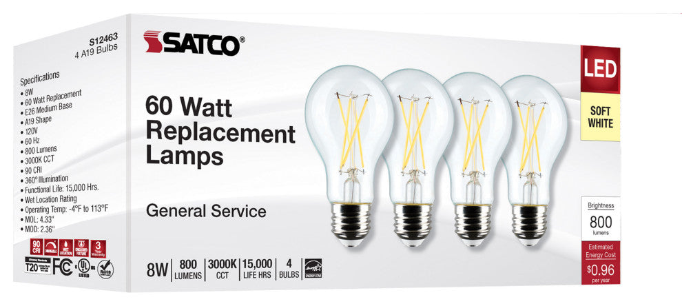 8W A19 LED, Clear, 3000K, Medium Base, 120V, 4-Pack