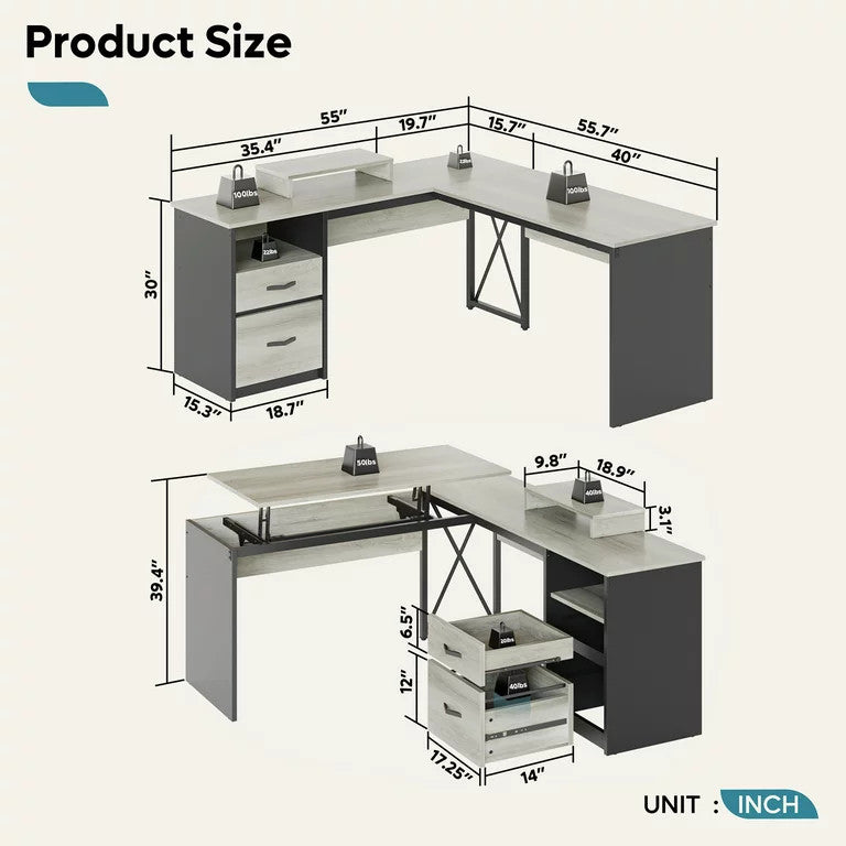 L-Shaped Desk, Large Worktop With Monitor Stand & Lift Up Portion, Gray