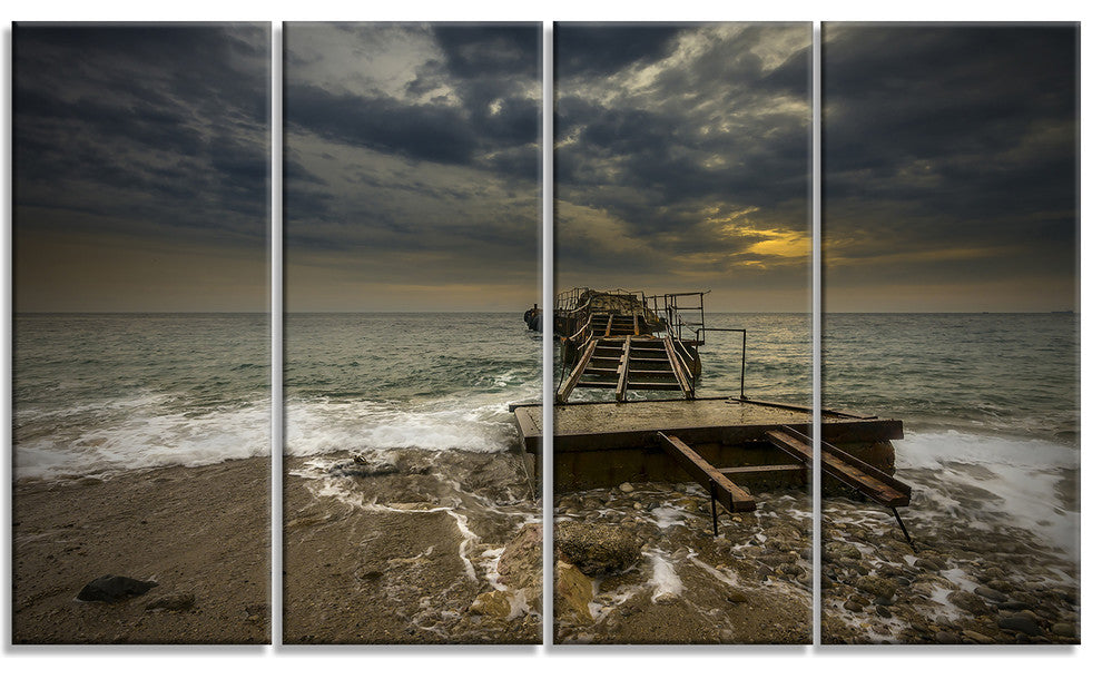 "Ruined Wooden Pier For Boats At Sunset" Sea Bridge Wall Art, 4 Panels, 48"x28"