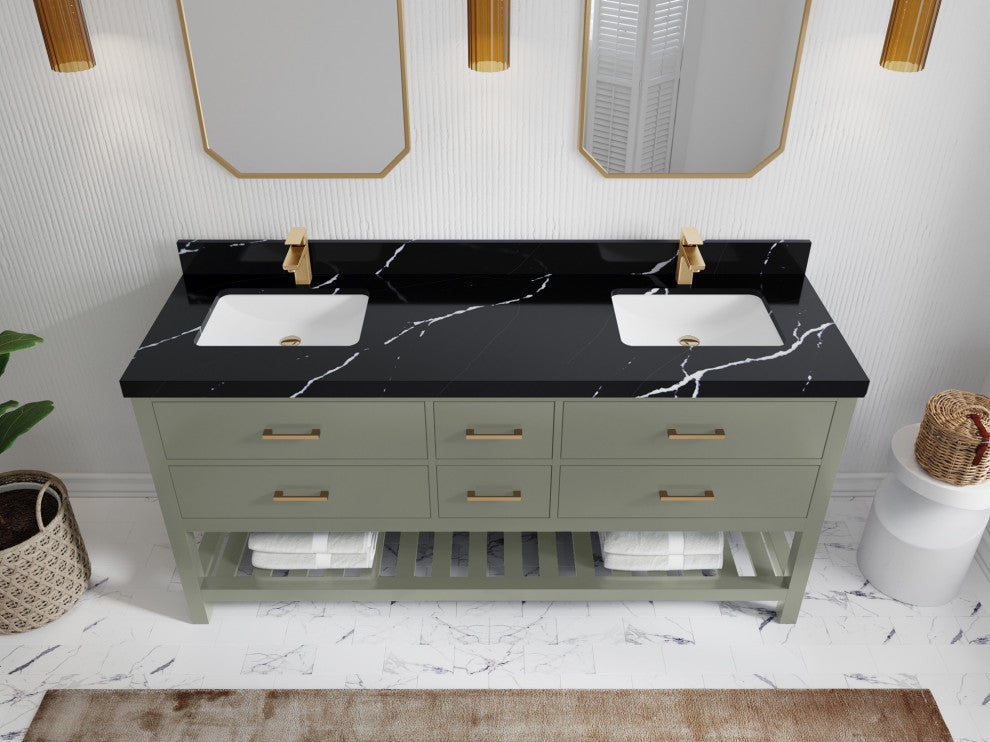 Parker 72" Double Sink Bath Vanity, Evergreen 2" Calacatta Black