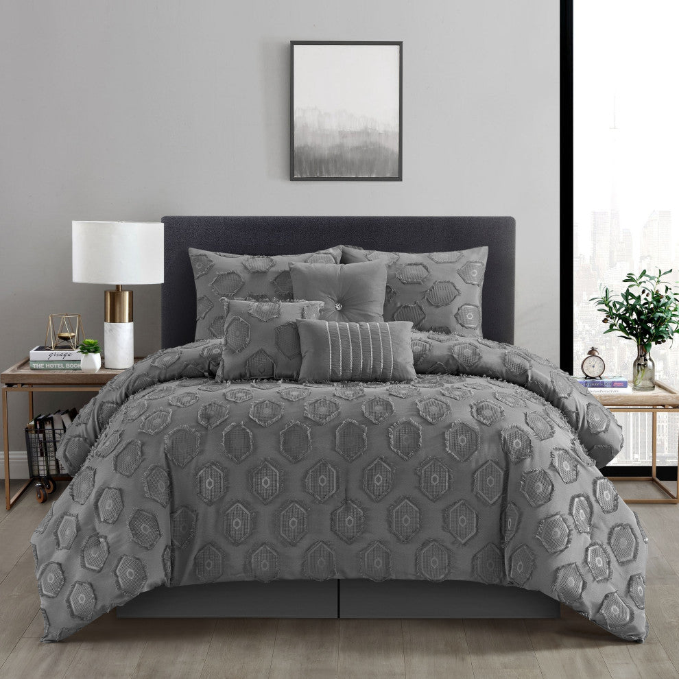 Faust 7 Piece Comforter Set, Grey, California King