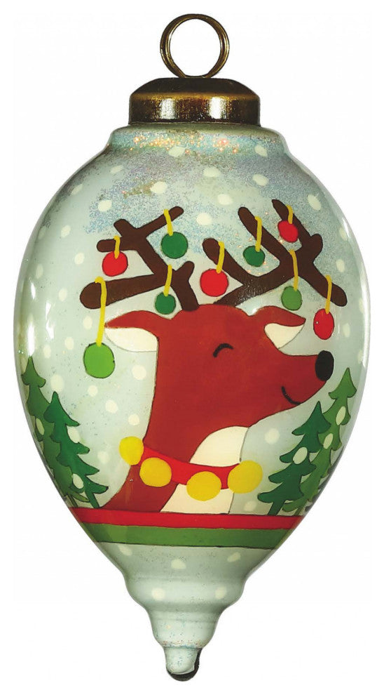 Festive Glitter Reindeer with Lights Hand Painted Mouth Blown Glass Ornament