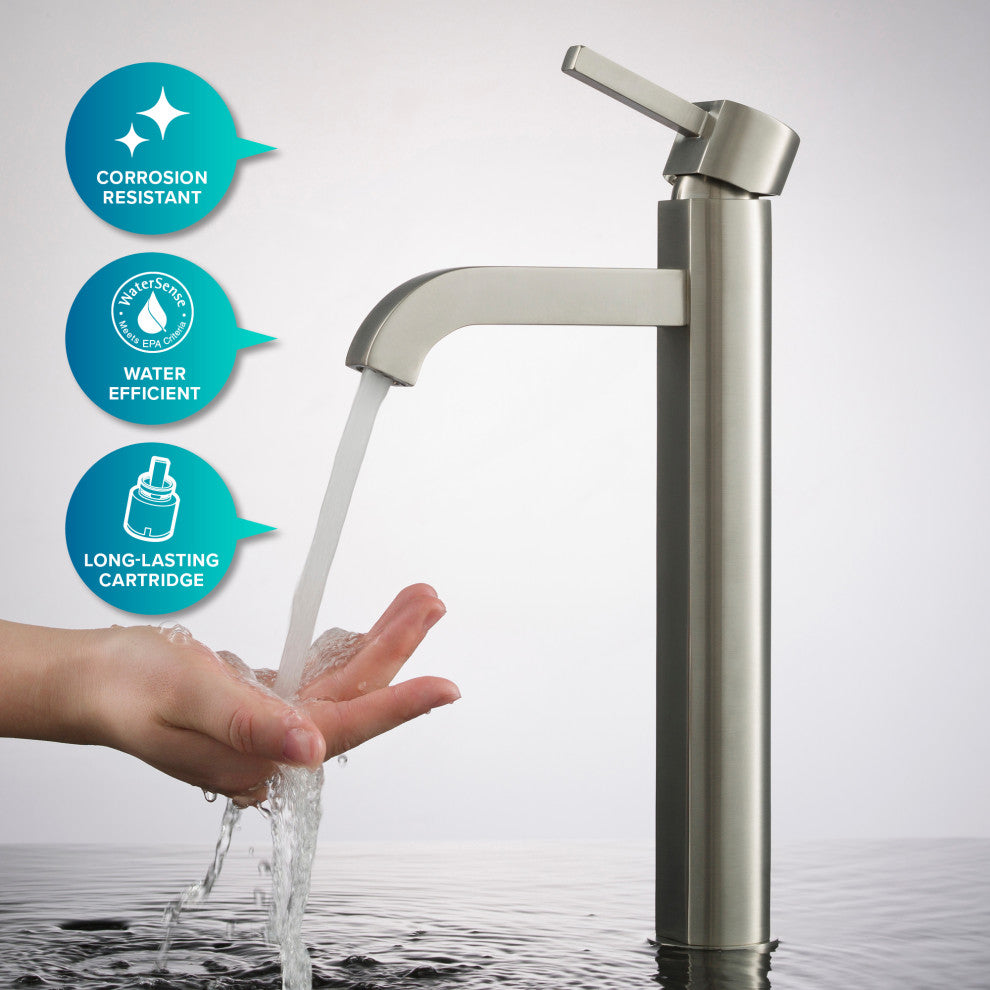 Elavo Square Ceramic Vessel Sink, Bathroom Ramus Faucet, PU Drain, Nickel