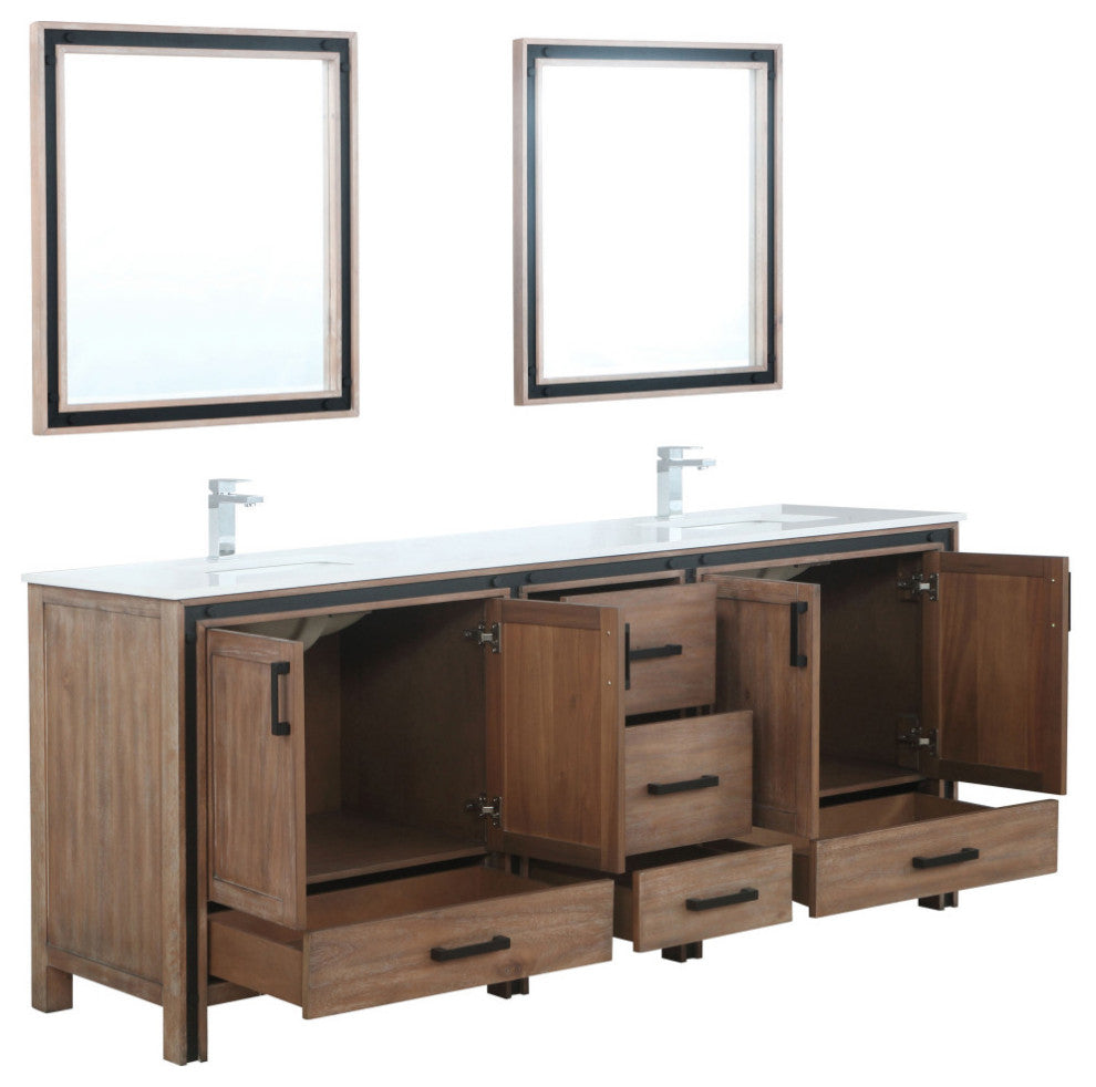 Ziva 80 Barnwood DB Vanity, Cultured Marble Top, Square Sink, 30 Mirrors, Faucet