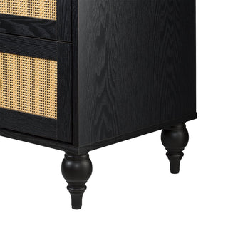 Transitional Coastal Nightstand, 2 Ample Drawers With Rattan Front, Black Finish