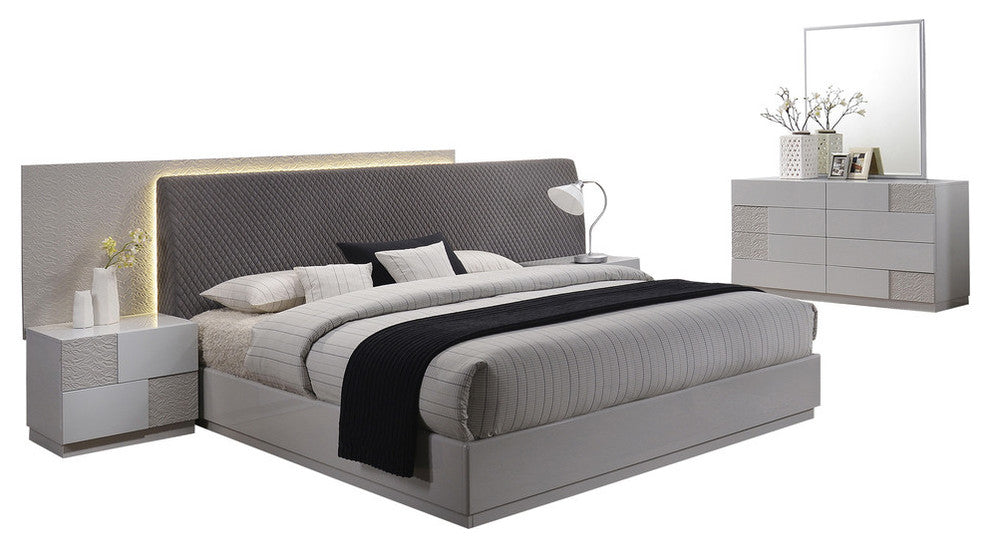 Naple, Silver Line Gray 5-Piece Modern Platform Bedroom Set, Eastern King