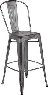 Commercial 30"High Distressed Silver Gray Metal Indoor-Outdoor Barstool, Back