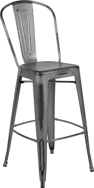 Commercial 30"High Distressed Silver Gray Metal Indoor-Outdoor Barstool, Back
