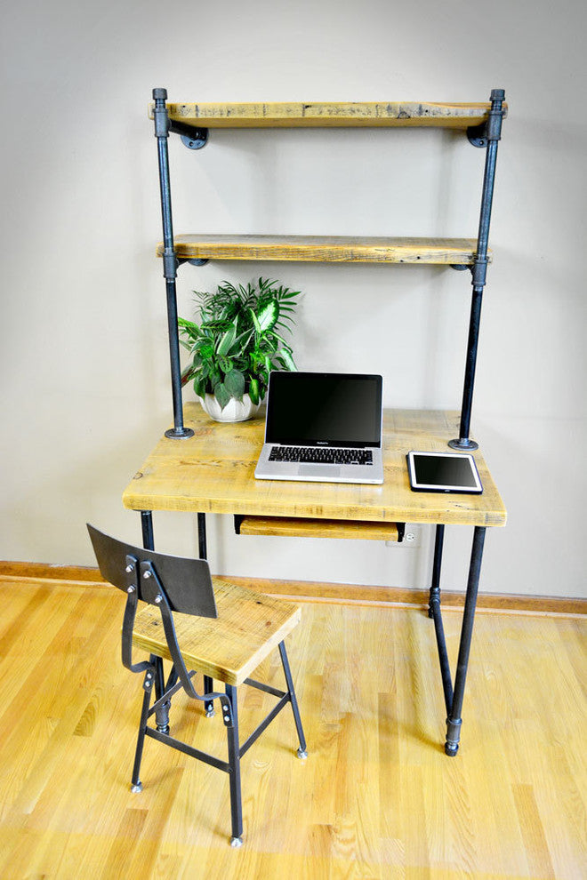 Salvaged Wooden Desk, Built, In Shelving Unit, Pipe Legs, 30x60x30, Natural Wood