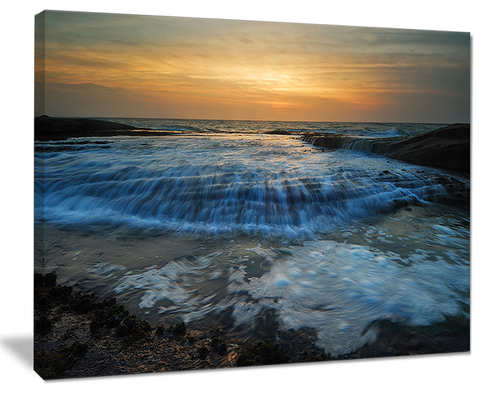 "Beach With Rushing White Waves" Modern Beach Canvas Art Print, 20"x12"