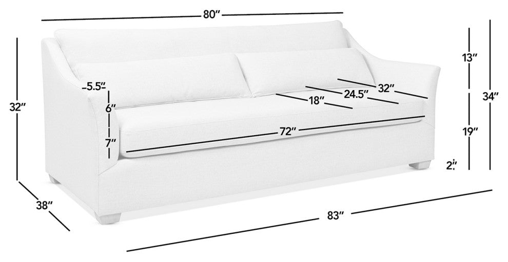 Ada 83" Flared Arm Contemporary Sofa With Lumbar Pillows, Flax White Linen