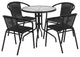 28'' Round Glass Metal Table and 4 Black Rattan Stack Chairs