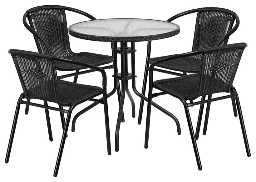 28'' Round Glass Metal Table and 4 Black Rattan Stack Chairs