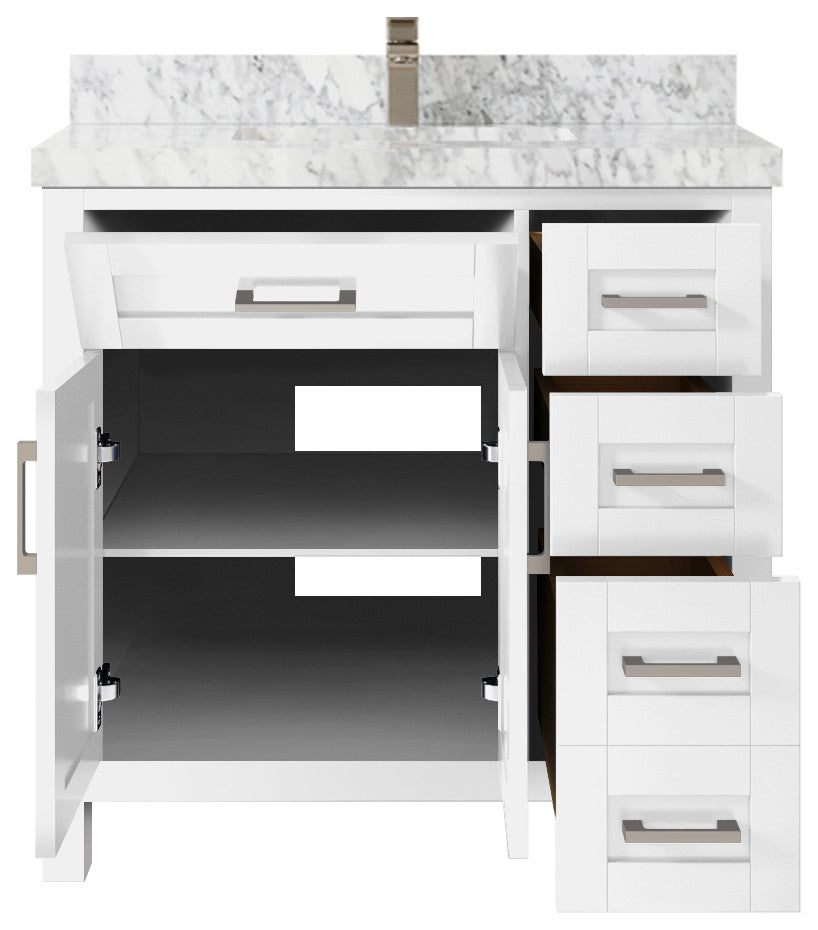 Cambridge 36 Center Sink Bath Vanity in White 2" Carrara Marble