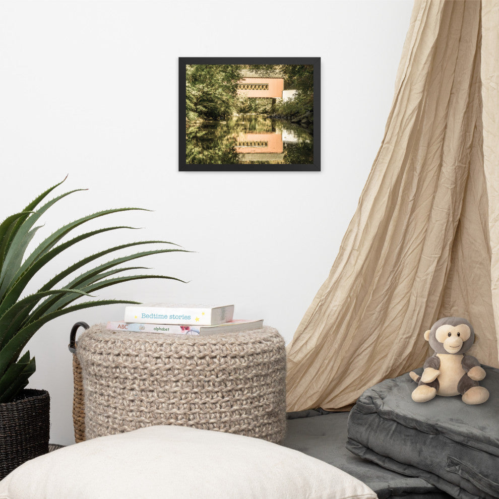 The Reflections of Wooddale Covered Bridge Aged Framed Photo Wall Art Print, Black, 11" X 14"