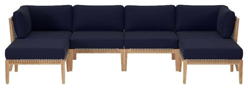 Clearwater Outdoor Patio Teak Wood 6-Piece Sectional Sofa, Gray Navy