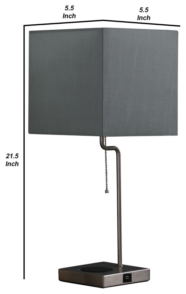 Table Lamp With Wireless Charging and Square Shade, Silver