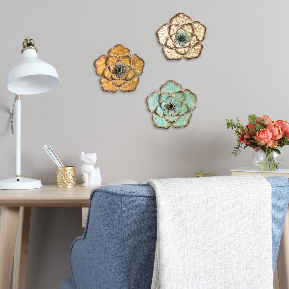 HomeRoots Set of 3 Multi-Color Chic Metal Flowers Wall Art Decor