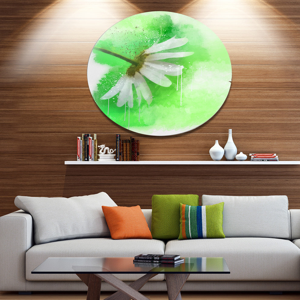 White Chamomile With Green Splashes, Floral Round Wall Art, 36"