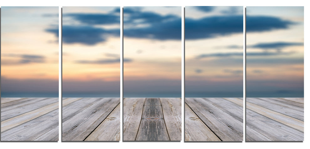 Wooden Board at Sunset Seashore, Modern Canvas Art Print, 60"x28", 5 Panels