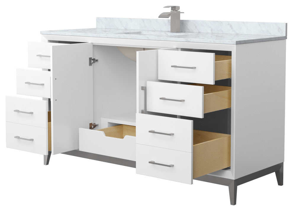 Amici 60" White Single Vanity, White Carrara Marble Top, Brushed Nickel Trim
