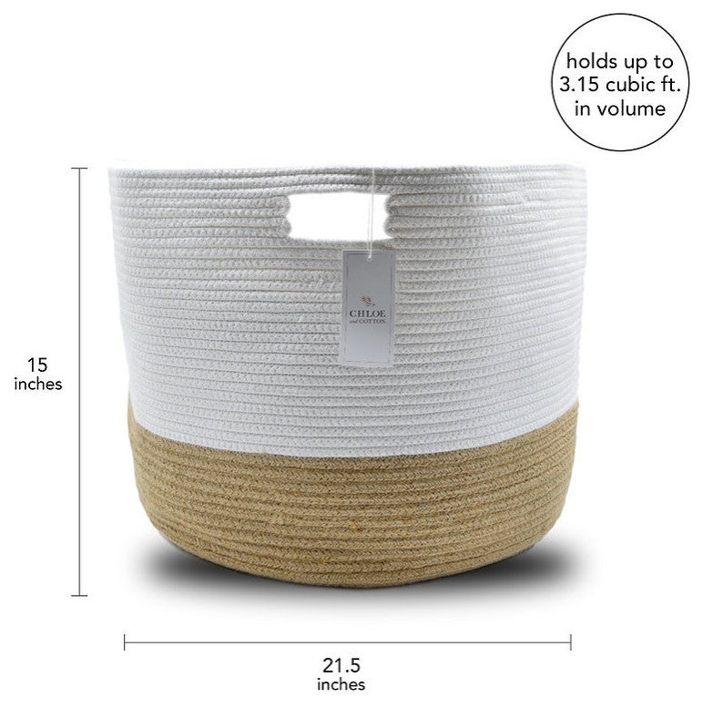 15" White and Natural Jute Woven Rope Basket