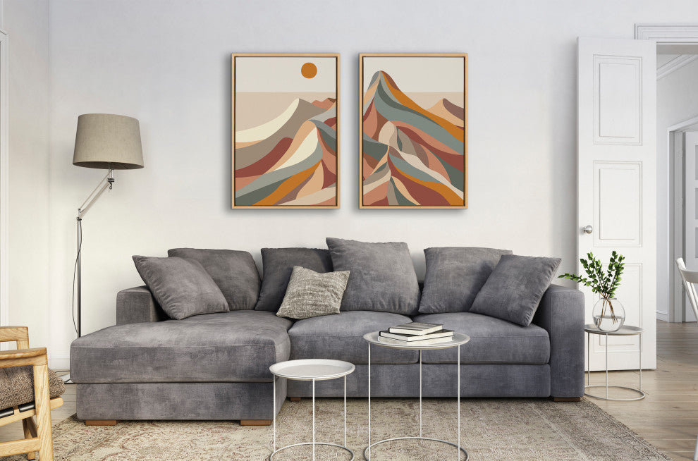 Sylvie Mid Century Mountains Framed Canvas by Rachel Lee, Natural 2 Piece 23x33