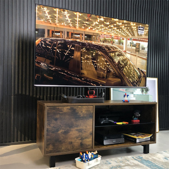Wood and glass TV Stand vintage brown TV console with storage cabinet