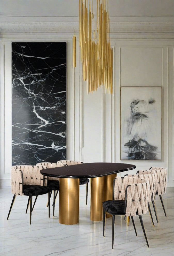 Balmain Oval Marble Top Dining Table for 6, Gold and Black