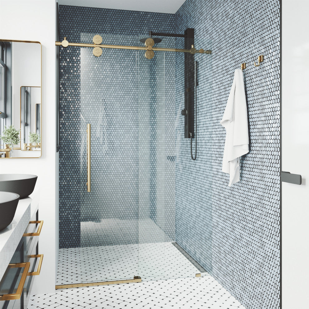 VIGO Elan 56" to 60" W x 74" H Frameless Sliding Shower Door, Matte Gold, Clear Glass