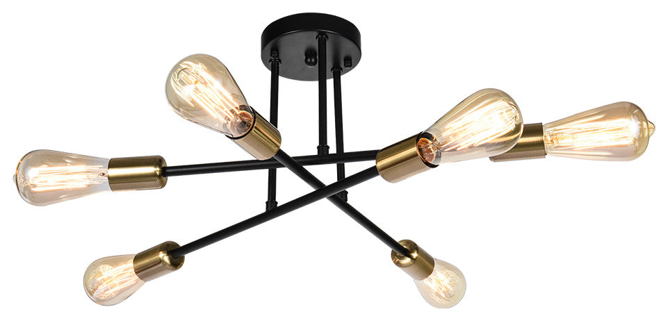 6-Light Sputnik Linear Semi Flush Mount Light, Black