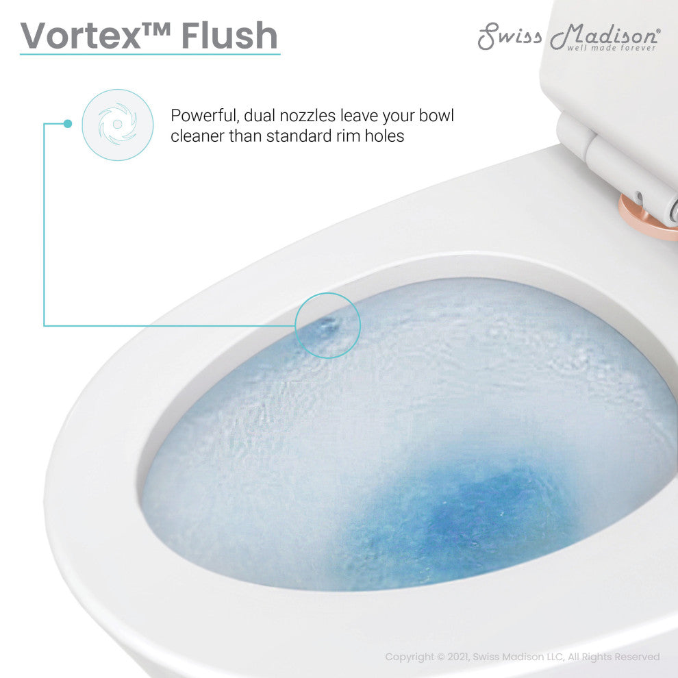 St. Tropez Elongated Toilet Dual Vortex Flush Glossy White, Rose Gold Hardware