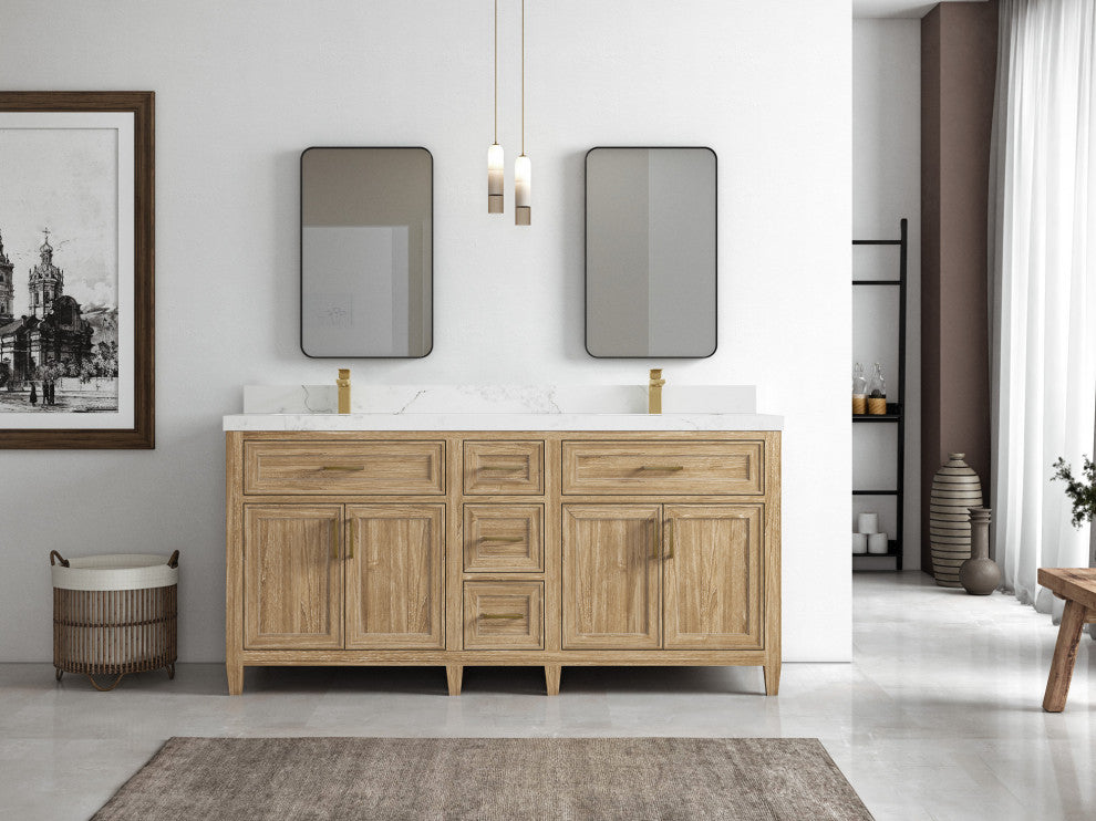Santa Monica 72 Double Sink Bath Vanity in Whitewashed Teak 2" Calacatta Nuvo