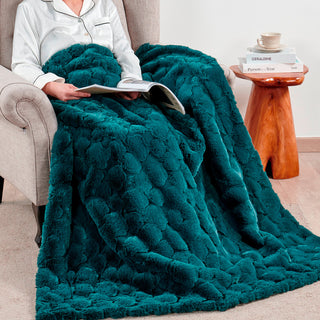 Cloud Carved Faux Fur Throw Blanket, Teal