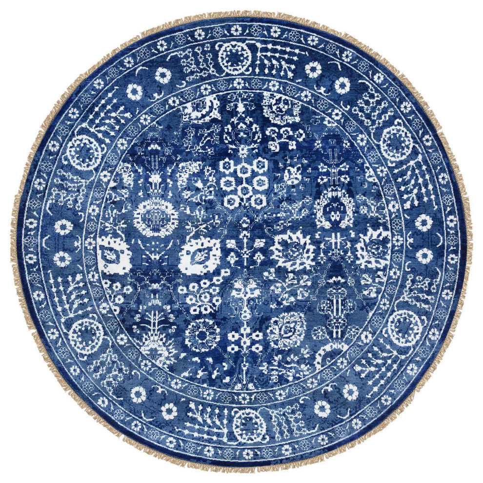 Denim Blue, Wool and Silk Hand Knotted, Tabriz Round Oriental Rug, 8'2"x8'2"
