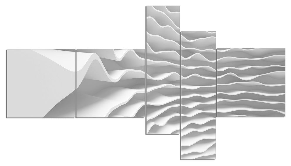Fractal Curved White 3D Waves, Abstract Canvas Art Print, 60"x32", 5 panels