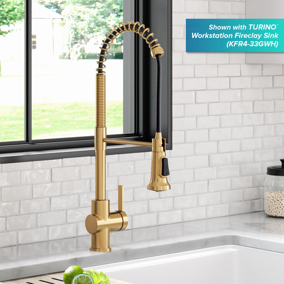 Britt Commercial Style 3-Function Pull-Down 1-Handle 1-Hole Kitchen Faucet, Brushed Brass (Model Kpf-1691bb)