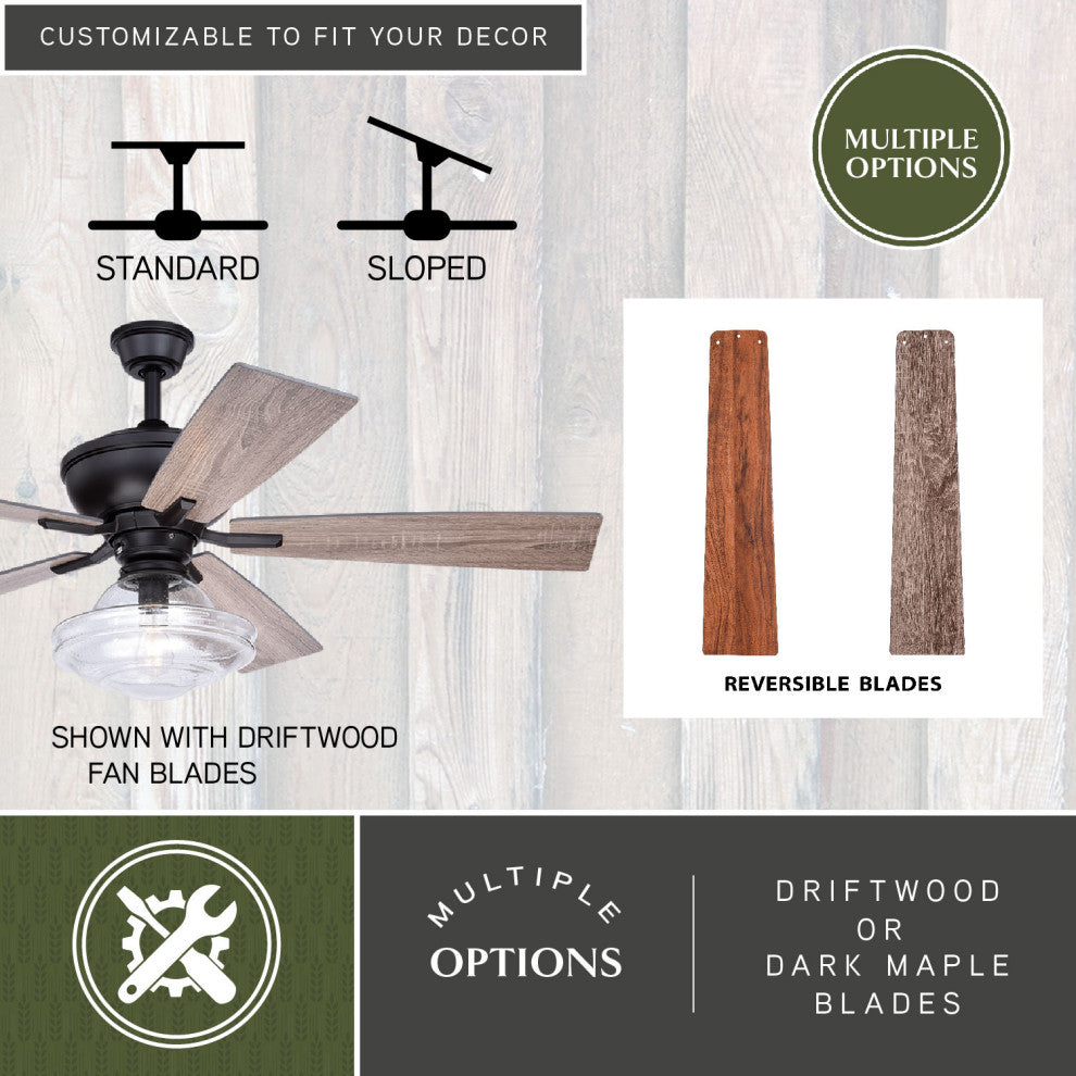 Huntley 52" Bronze Farmhouse Ceiling Fan  Schoolhouse LED Light Kit Remote, Bronze