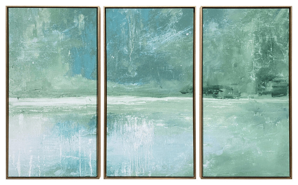Set of Three Blue Green Abstract Water With Gold Floater Frame Painting Wall Art