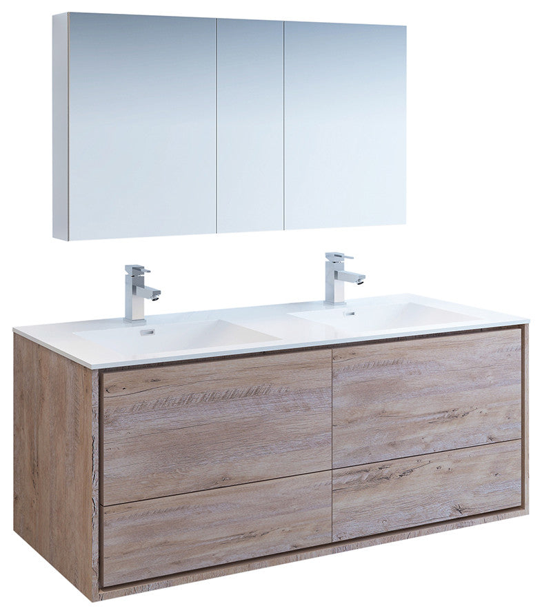 Fresca Catania 60" Natural Wood Wall Hung Double Sink Vanity, Medicine Cabinet