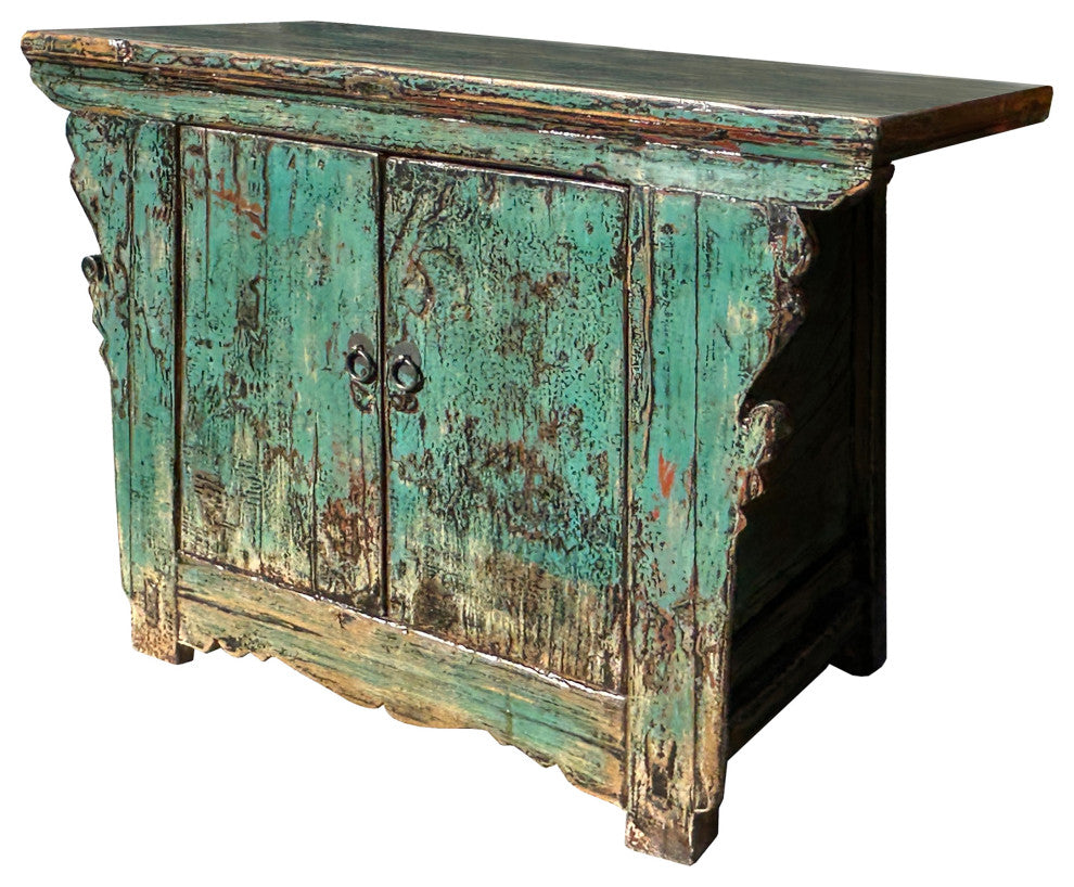 Vintage Distressed Teal Blue Green Carved Apron Low Console Table