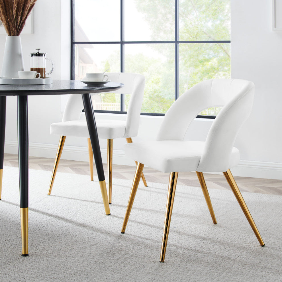 Dining Chair, Set of 2, White Gold, Velvet, Modern Cafe Bistro Hospitality