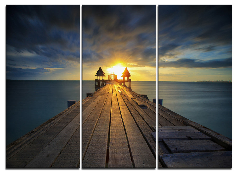 "Illuminated Wooden Bridge in Sunlight" Metal Wall Art, 3 Panels, 36"x28"