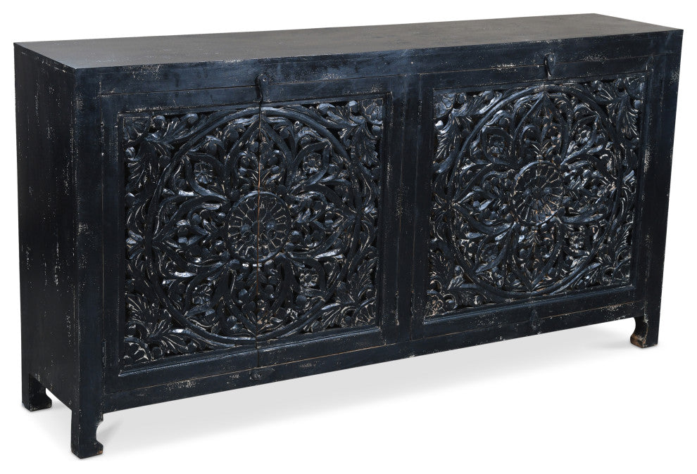 Hawk Black Handcarved 4 Door Buffet Sideboard Cabinet