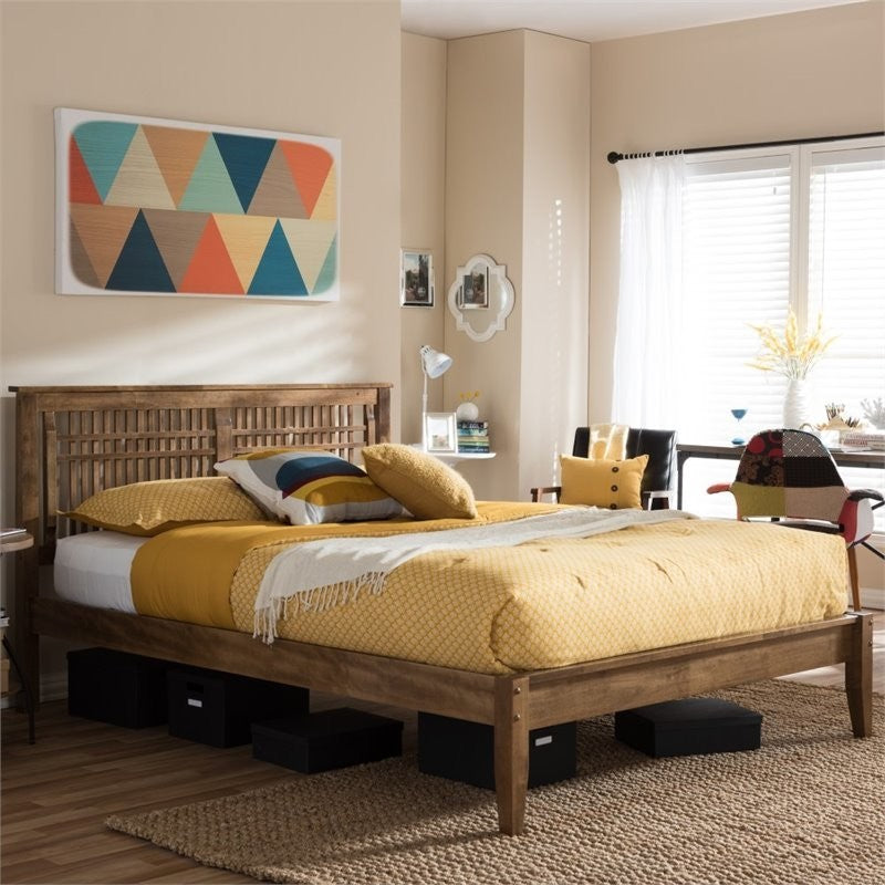 Loafey Mid-Century Modern Solid Walnut Wood Window-Pane Style Bed, King